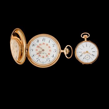 FICKUR, 2 st, 14k guld, 1900-talets första hälft. Total vikt 128 g.