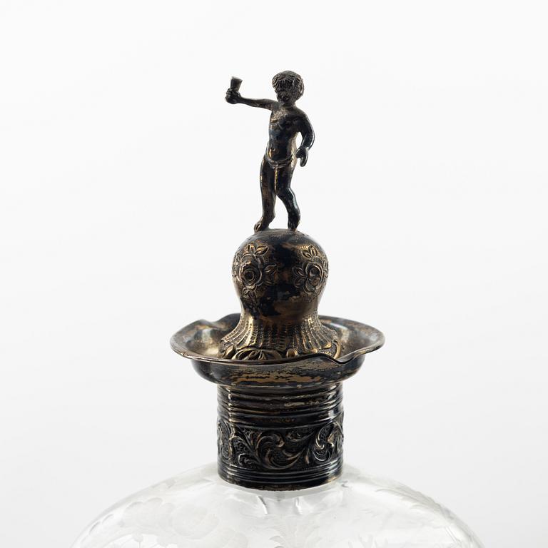 An etched glass and silver flask, later part of the 19th Century.