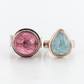 TWO RINGS, with pink tourmaline and  aquamarine.