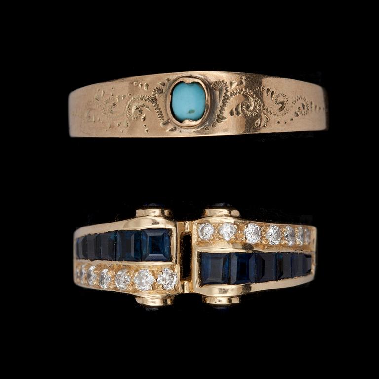 RINGAR, 2 st, 14K guld bla med små safirer och diamanter. Tot vikt ca 6,2g.