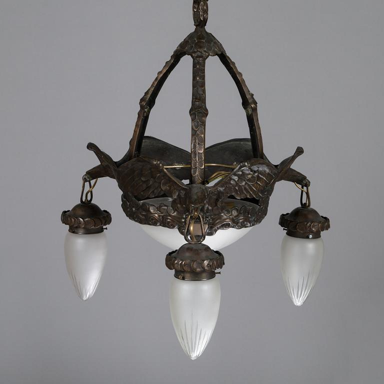 A Jugend style patinated bronze pendant ceiling light from the early 1900s, Böhlmarks, Sweden.