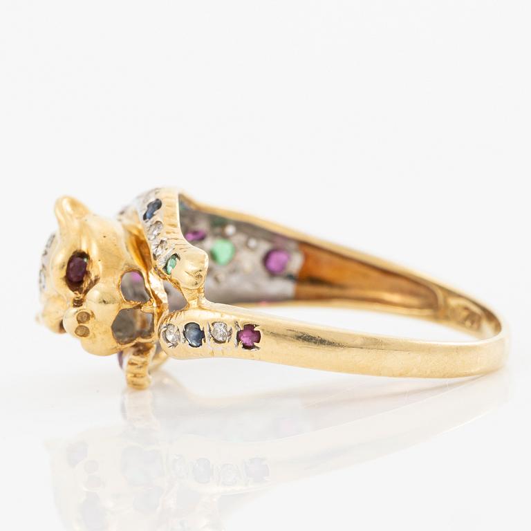 18K gold ring in the form of a panther with rubies, emeralds, sapphires and diamonds.