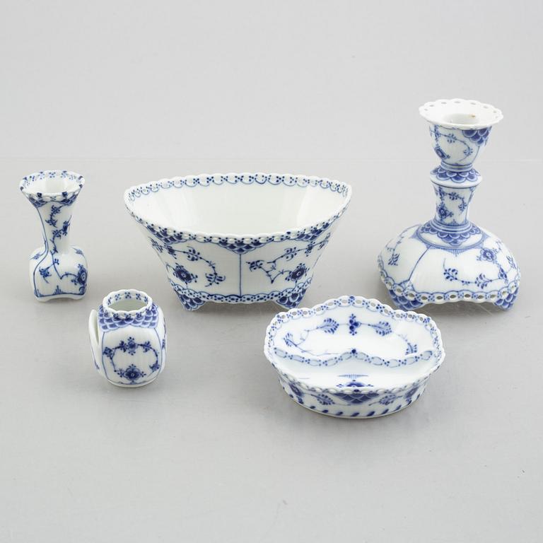 A group of two vases, two bowls and a candlestick, "Blue fluted full lace"/"Musselmalet", Royal Copenhagen.