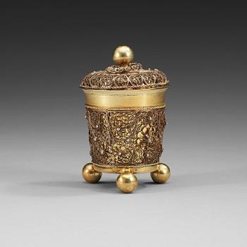 752. A Swedish 18th century parcel-gilt filigree beaker and cover, marks of Johan Friedrich Straub, Karlstad (-1674-1713).