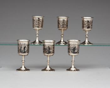 A set of six (3+3) Russian 19th century parcel-gilt and niello cups, unidentified makers mark, Moscow.