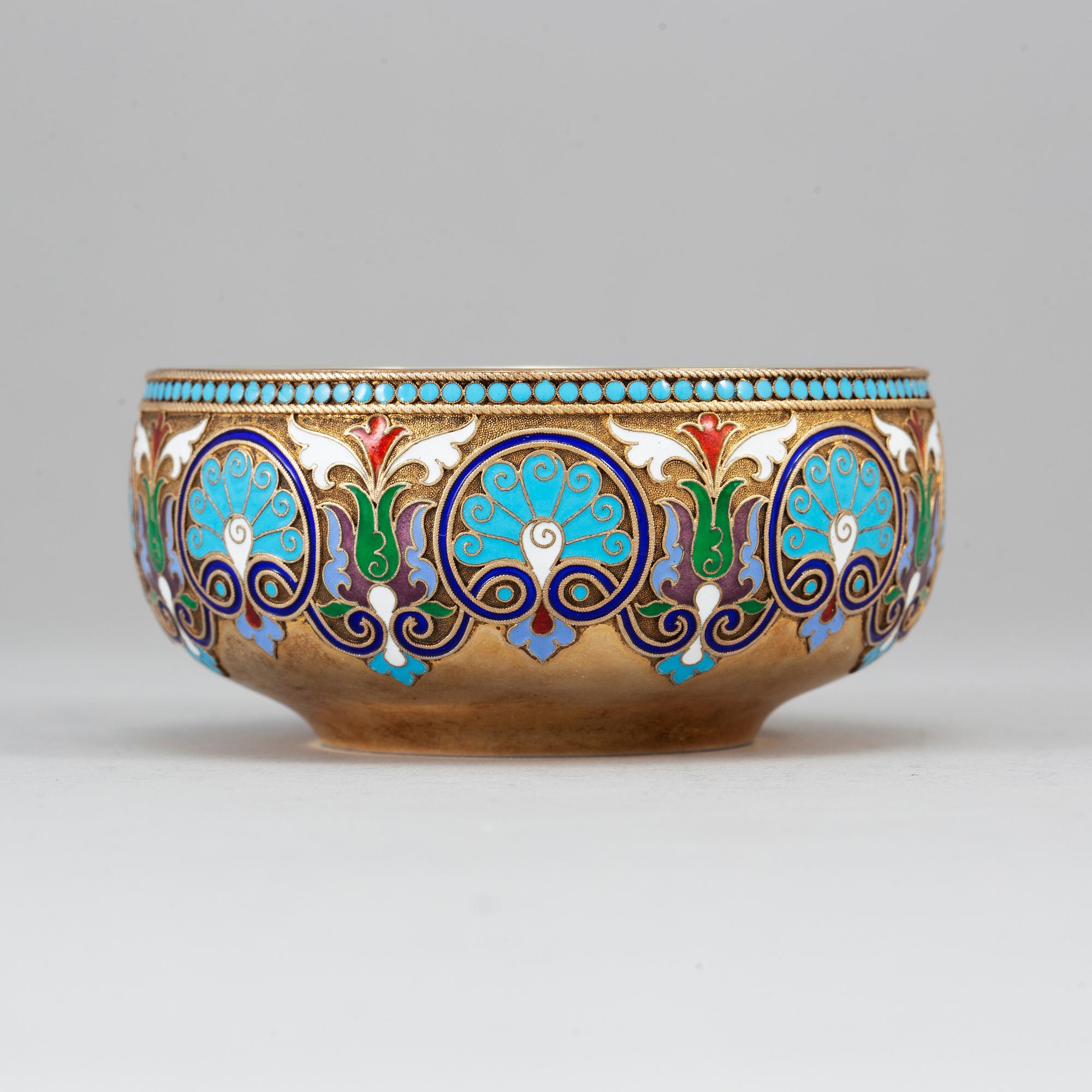 A Russian silver-gilt and cloisonné enamel bowl, mark of Chlebnikov, Moscow 1899-1908.