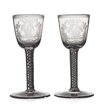 380. A pair of engraved ale glasses, 18th Century, presumably England.