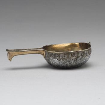 A Russian 19th century silver-gilt and niello kovsh, mark of Wasilij Semenow, possibly, Moscow 1872.