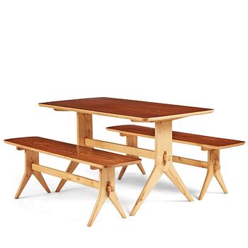 Ilmari Tapiovaara, attributed to, a dinner table with two benches, probably Finland 1950-60's.