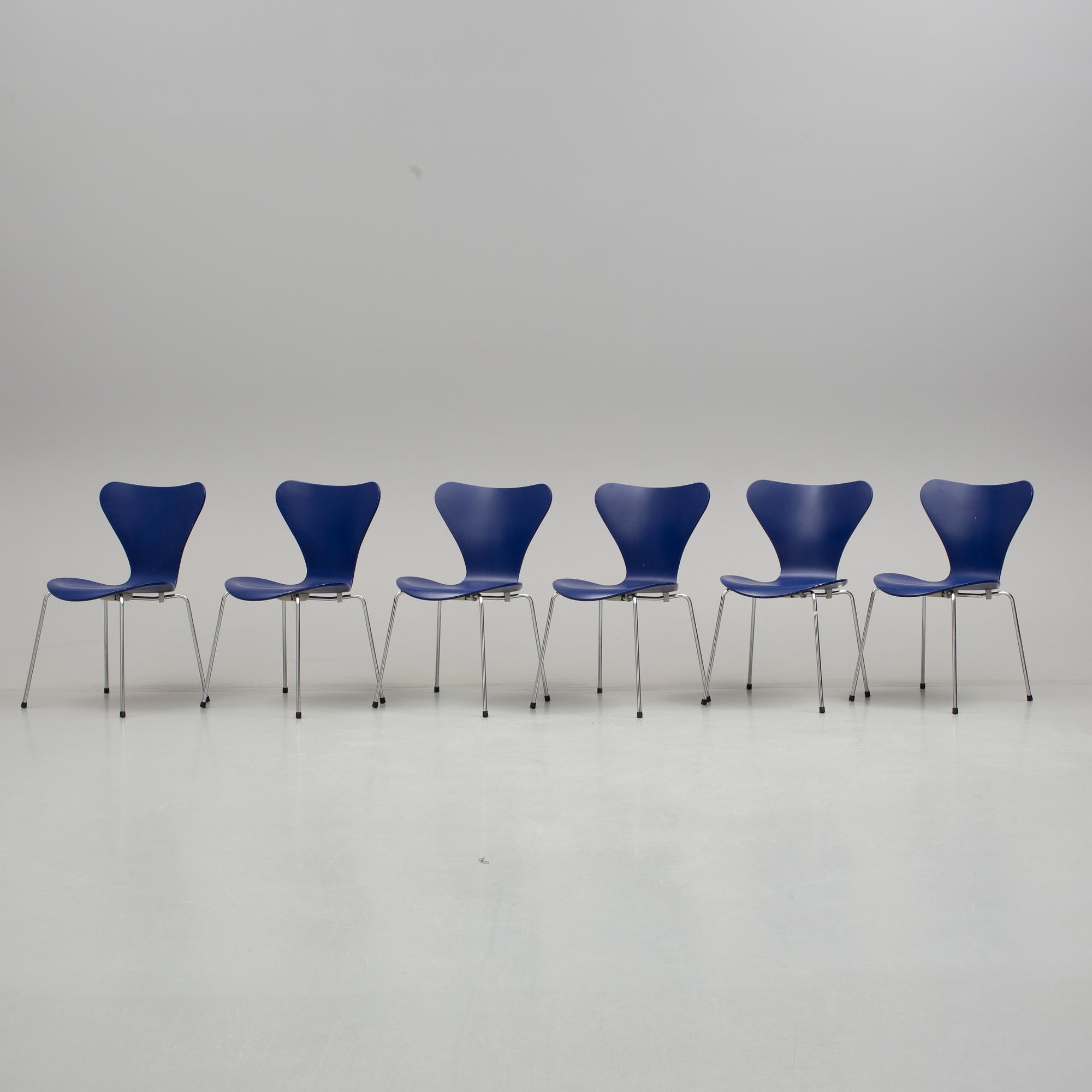 ARNE JACOBSEN, stolar, "Sjuan", 6 stycken, Fritz Hansen, 1900/2000-tal.
