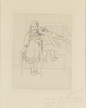 CARL LARSSON, etching, signed C.L. in pencil with dedication. Executed 1909. State 1. Very rare. "Two sisters".