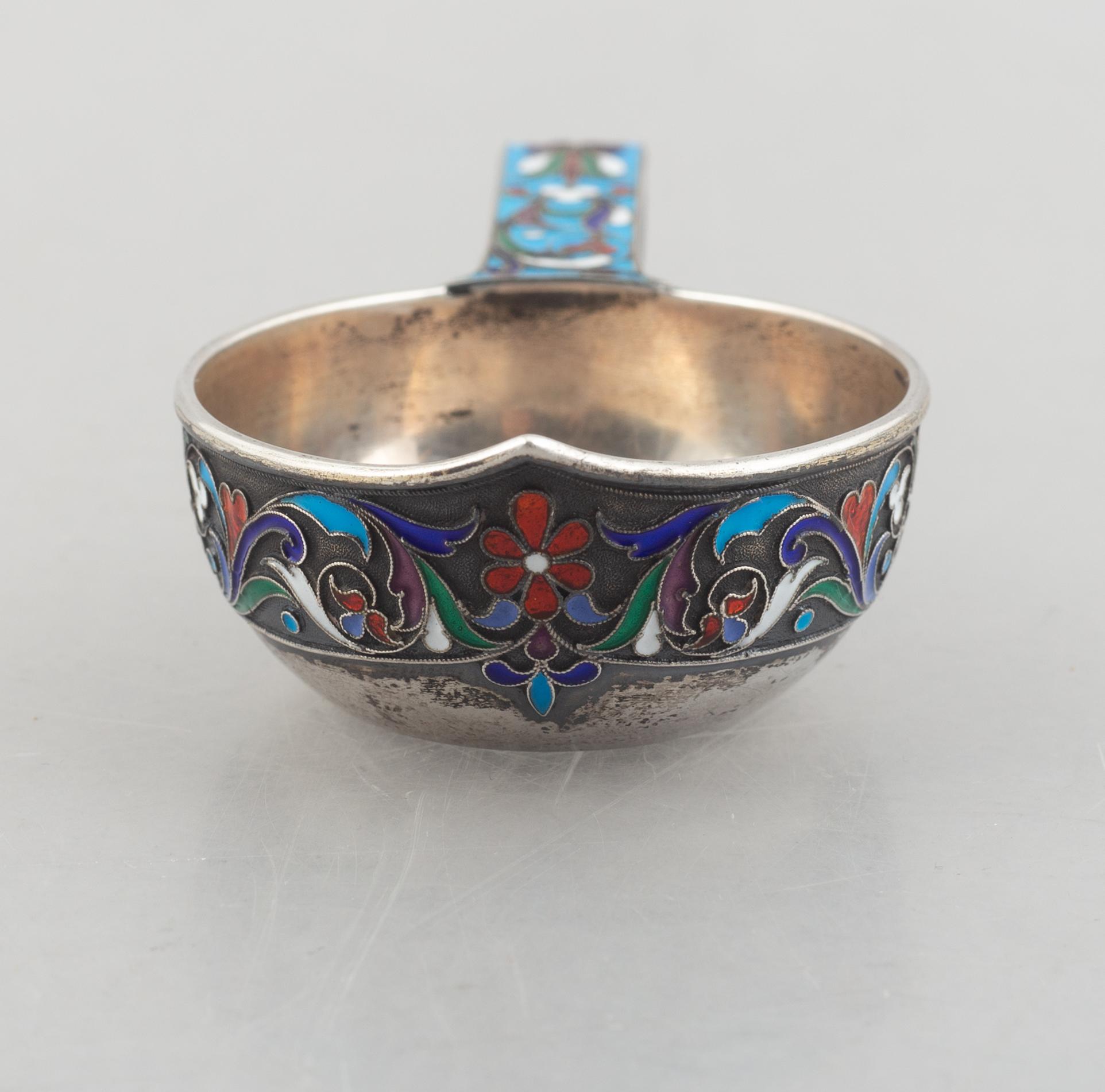 A Russian silver and enamel kovsh, 1896-1908.