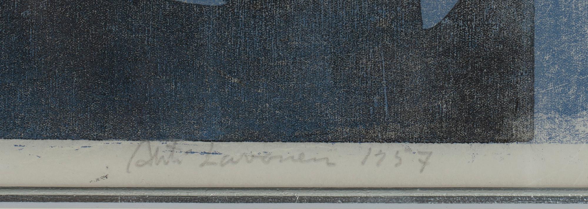 AHTI LAVONEN, träsnitt, sign. och dat. -1957, nr. tpl'a 19/25.