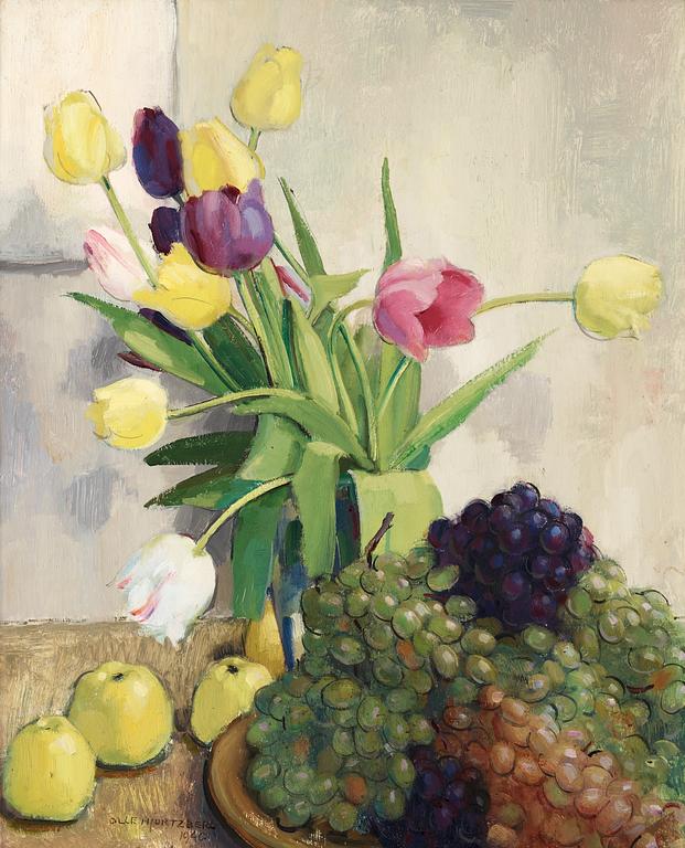 Olle Hjortzberg, Still life with tulips, apples and grapes.