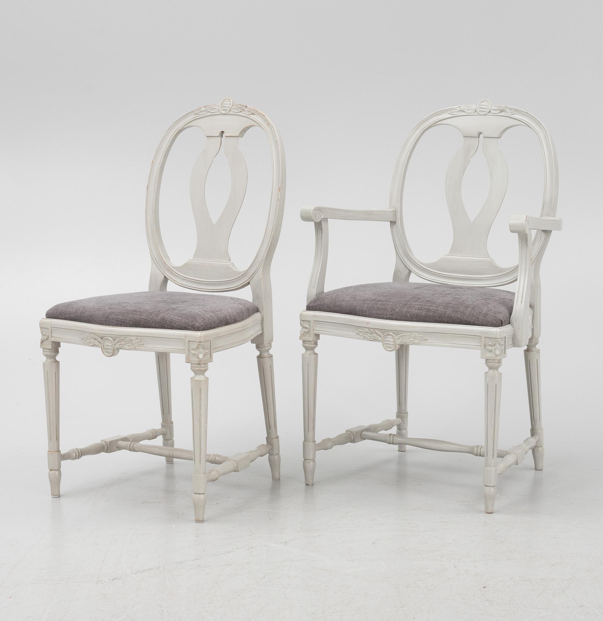 Stolar samt karmstolar, 8st (6 + 2), Gustaviansk stil, 1900-talets andra hälft.