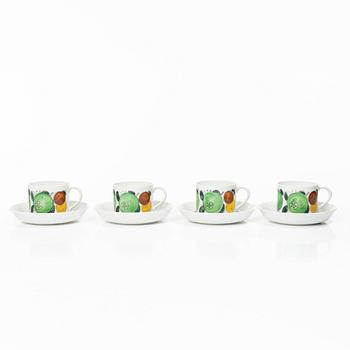 Hertha Bengtson, kaffekoppar med fat, 4 st, porslin, "Fructus", Rörstrand.