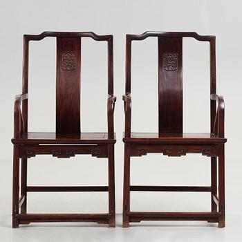 A pair of Chinese hardwood chairs, late Ming dynasty.