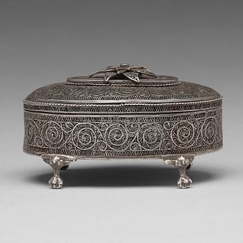 A Russian 19th century silver filigree box, unidentified makers mark, Moscow 1889.