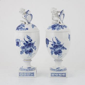 A pair of 'Blå Blomst' porcelain lidded urns, Royal Copenhagen, Denmark.