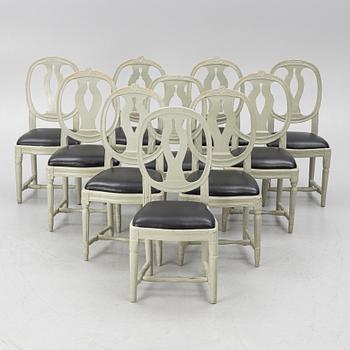 Ten similar Gustavian chairs, Sweden, around the year 1800.