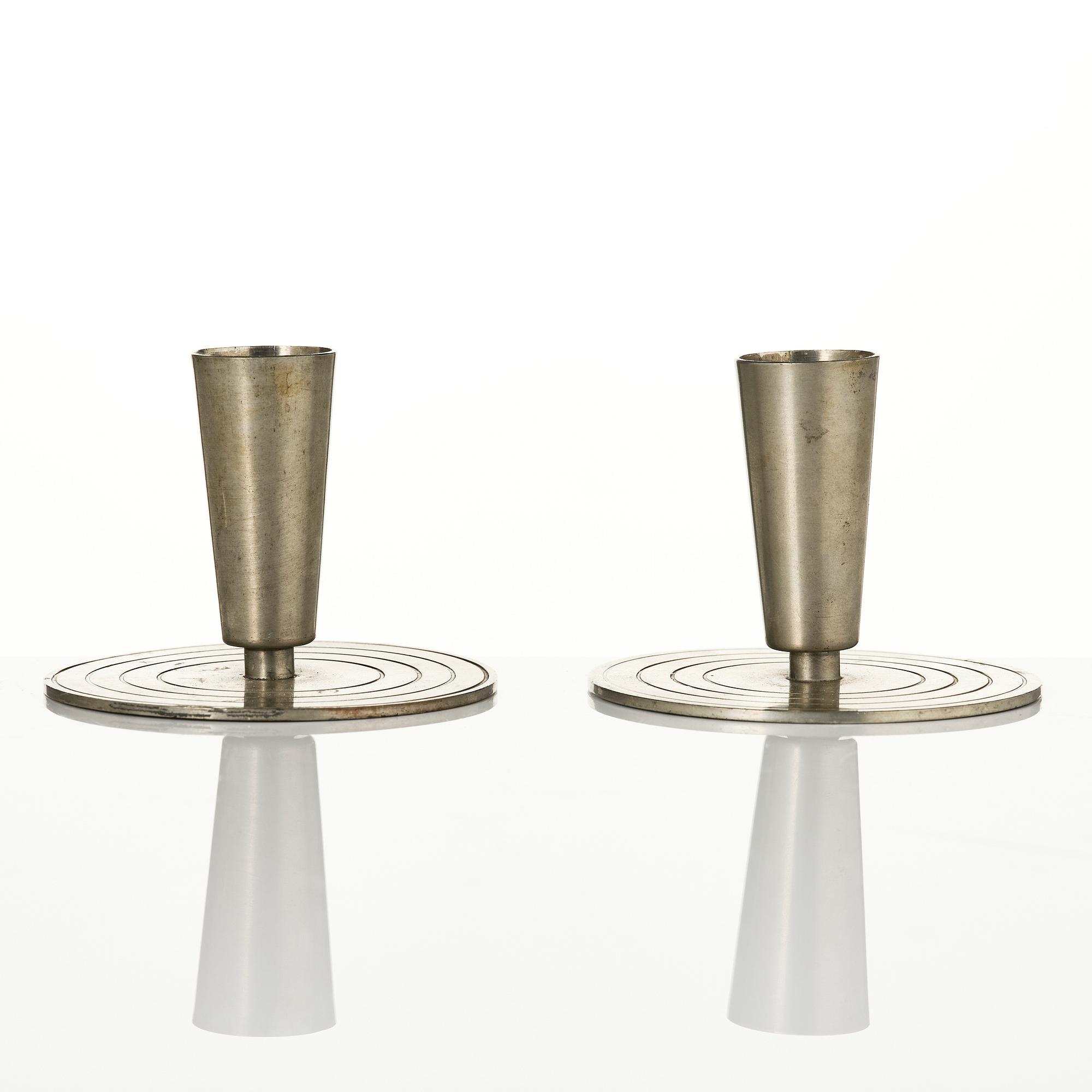 Ystad-Metall, a pair of candlesticks and a tray, 1938-42.