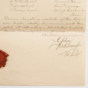 Konvolutet till Alfred Nobels testamente 1895, egenhändigt rubricerat: Testamente /My Will och signerat samt lacksigill.