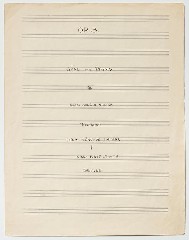 Gösta Adrian-Nilsson, Portfolio with three scores,  "Dialog mellan piano och cello", opus 2, "Sång och piano", opus 3.