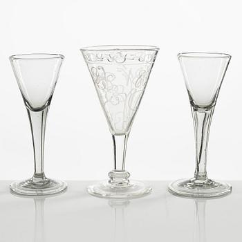 A set of three Swedish wine glasses, 18th/19th century.