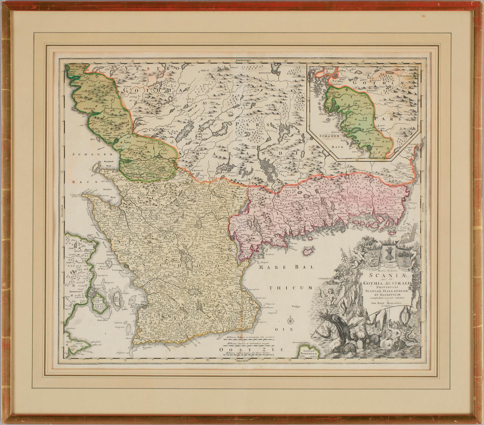 KARTA, delvis kolorerad, JB Homann, Sverige, 1700-tal.