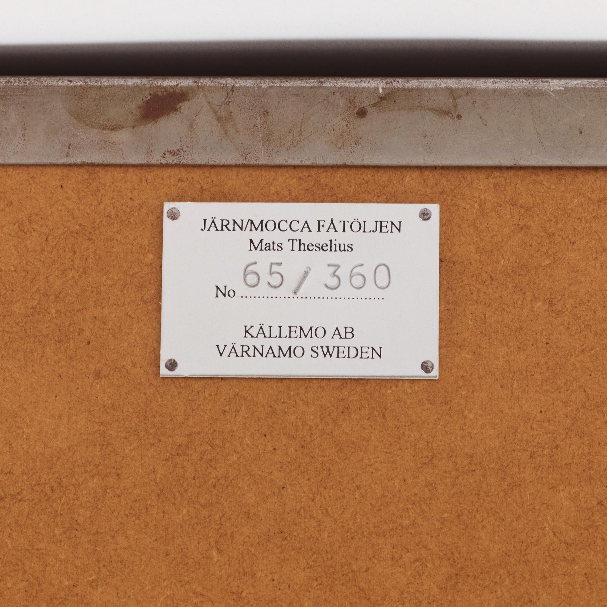 Mats Theselius, fåtölj, "Järn/Moccafåtöljen", ed. 65/360, Källemo, Värnamo, efter 1994.