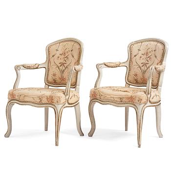 44. A pair of Swedish rococo armchairs, mid 18th century.