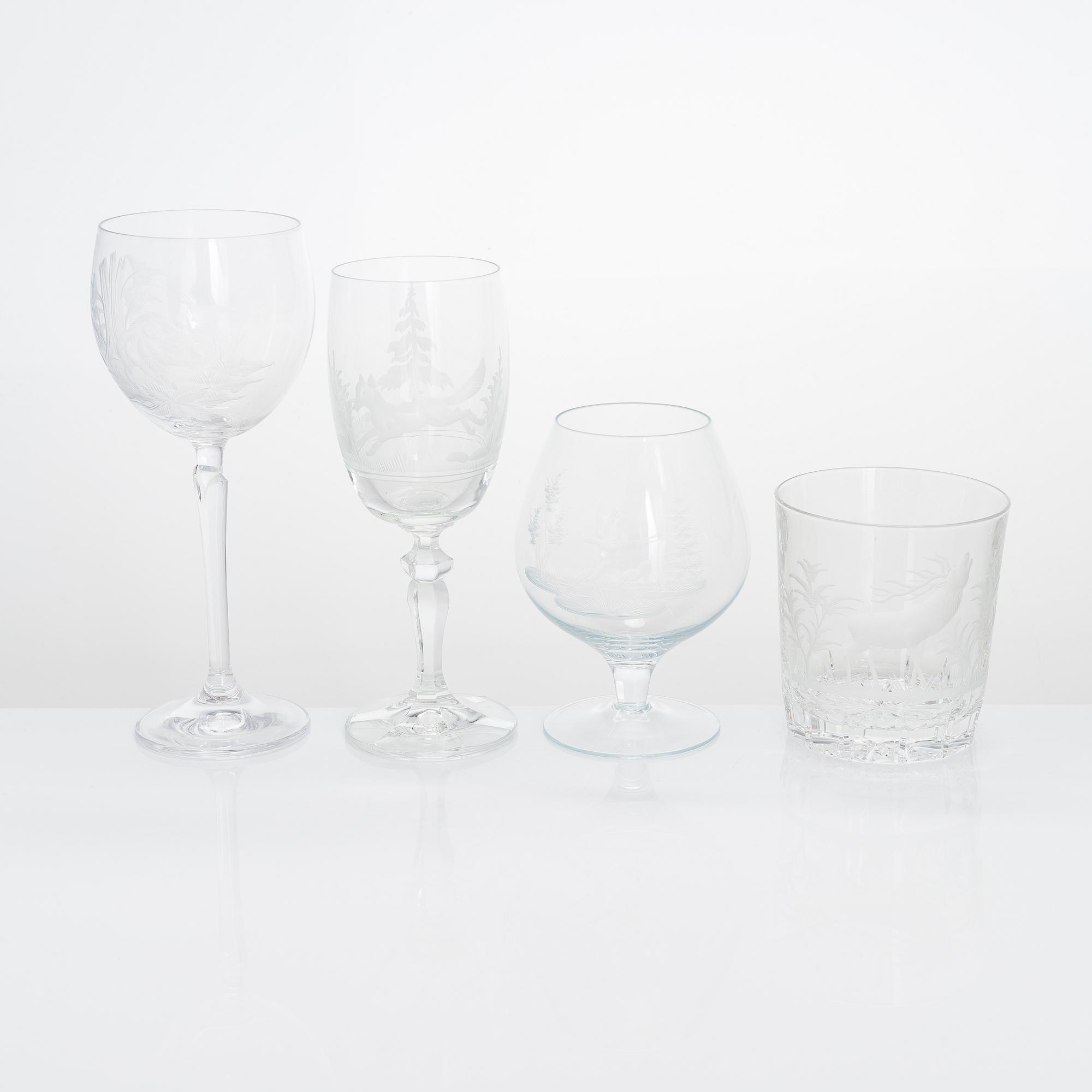Drinking glasses, 21 pcs, with animal motifs, possibly Germany, late 20th century.
