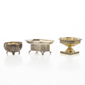 Three Russian silver salt cellars, 19th century.