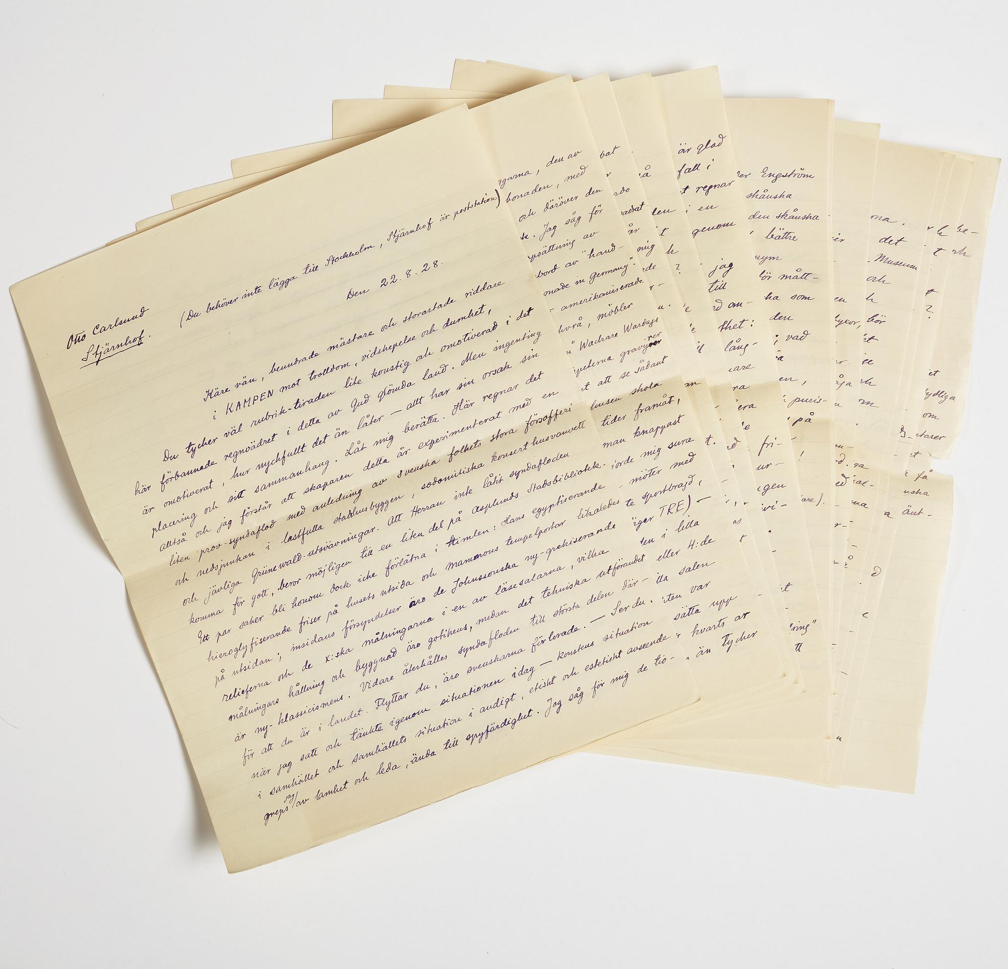 LETTER from Otto G. Carlsund to GAN (Gösta Adrian-Nilsson) in Lund, dated Stjärnhof 22.8.(19)28.