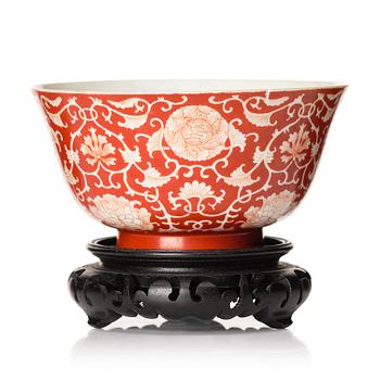 1003. A coral red reverse decorated lotus bowl, Qing dynasty with Daoguang mark in underglaze blue.