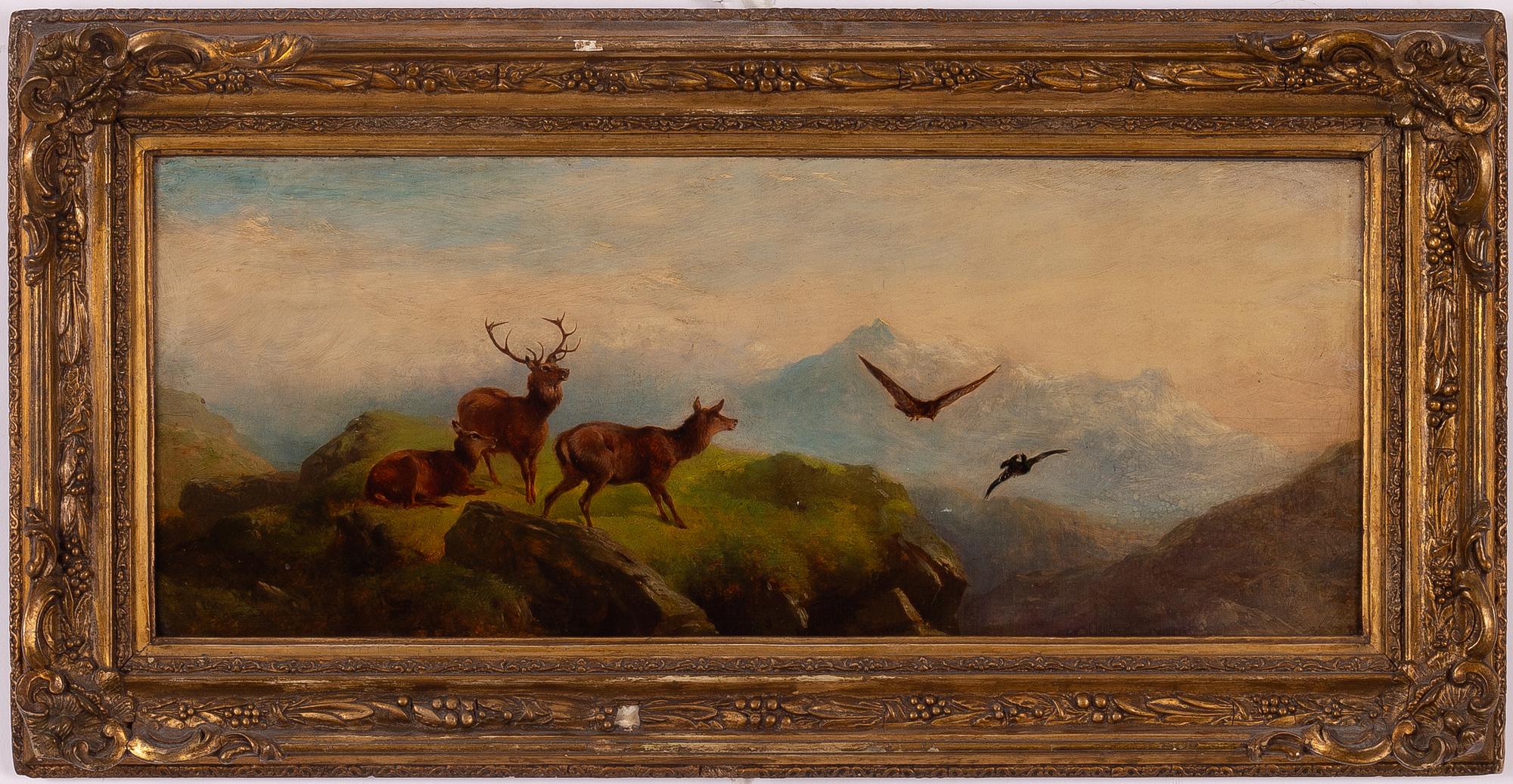 Edwin Henry Landseer, hans art, Höglänt landskap med hjortar och fåglar.
