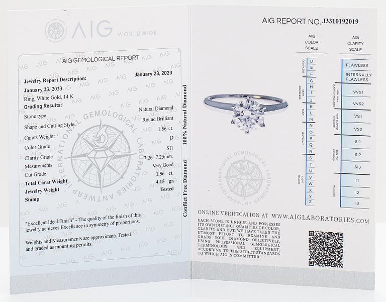 Ring, 14K vitguld och diamant ca 1.56 ct. AIG-certifikat.
