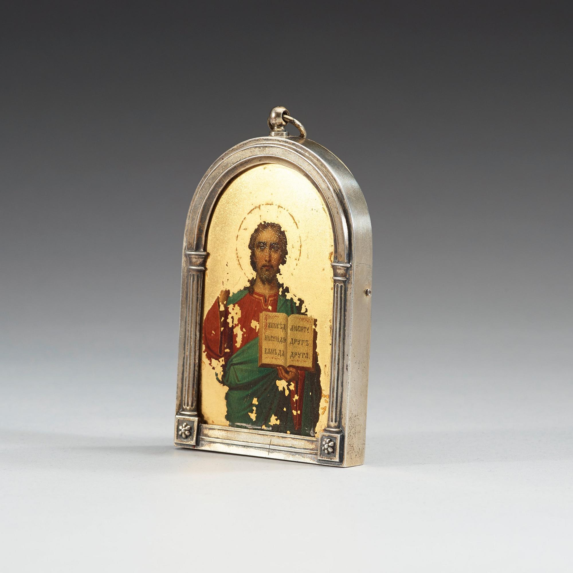 A Russian early 20th century parcel-gilt icon, marks of  Pavel Ovchinnikov, St. Petersburg 1899-1908.