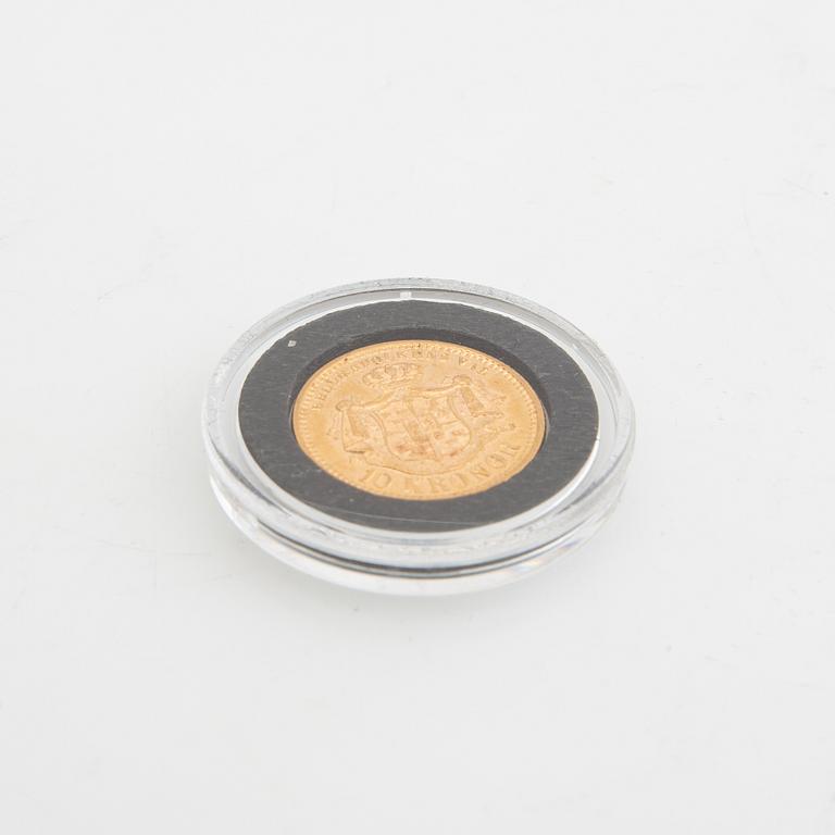 Guldmynt Sverige, Oscar II 10 kr, 1876.