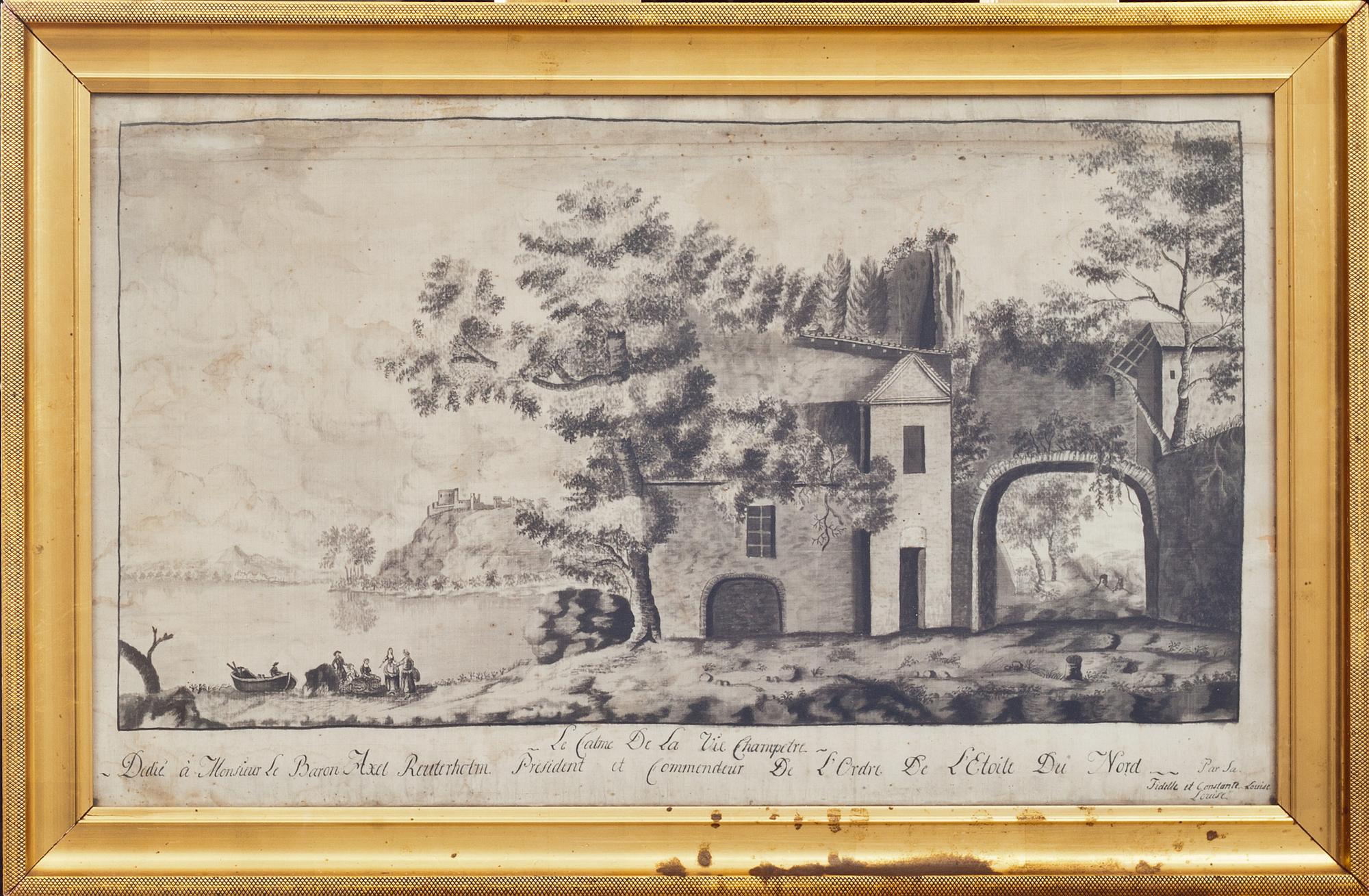 SIDENMÅLNING, tuschlavering på siden, signerad Lovisa Charlotta Reuterholm, andra hälft.