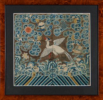 An embroidered rank badge/buzi, Peking knot technique. Late Qing dynasty.