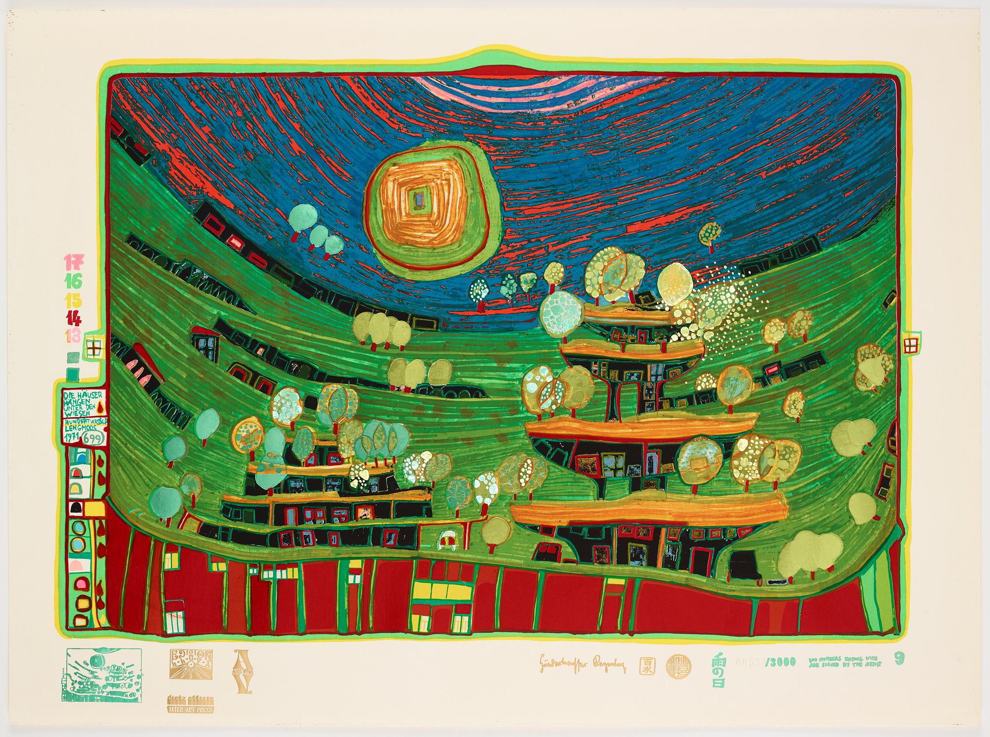 Friedensreich Hundertwasser, the complete portfolio comprising 10 silkscreens in colours with metallic imprints.