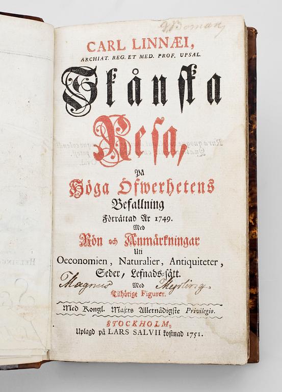 BOK, "Carl Linnaei Skånska resa", Stockholm 1751.