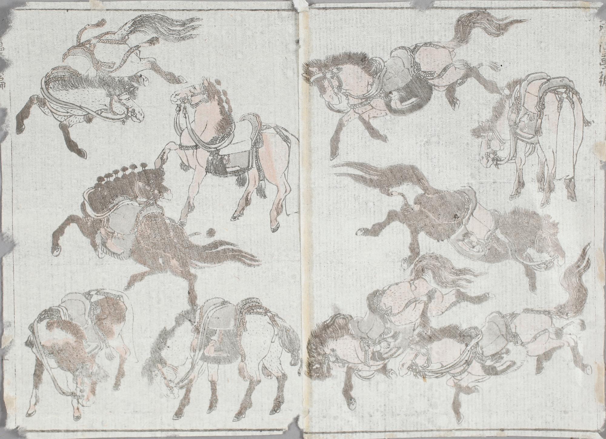 HASHIRA, träsnitt, BOK, förläggare Tsutaya Kichizo, samt TRÄSNITT, 6 st, Japan, 1800-tal.