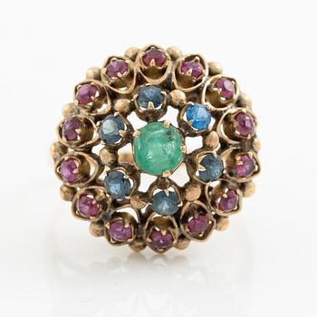 Ring, 18K gold with red, blue, and green synthetic stones.