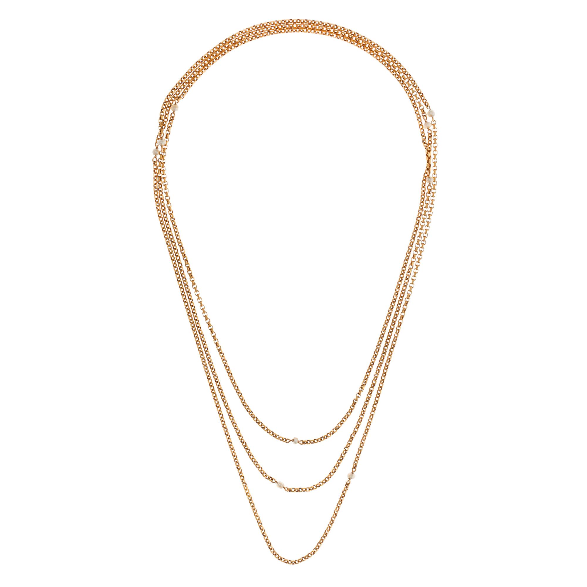 HALSKED, 18K guld, naturliga pärlor 9 st, ca 3 mm. Tidigt 1900-tal. Vikt 27,6 g.