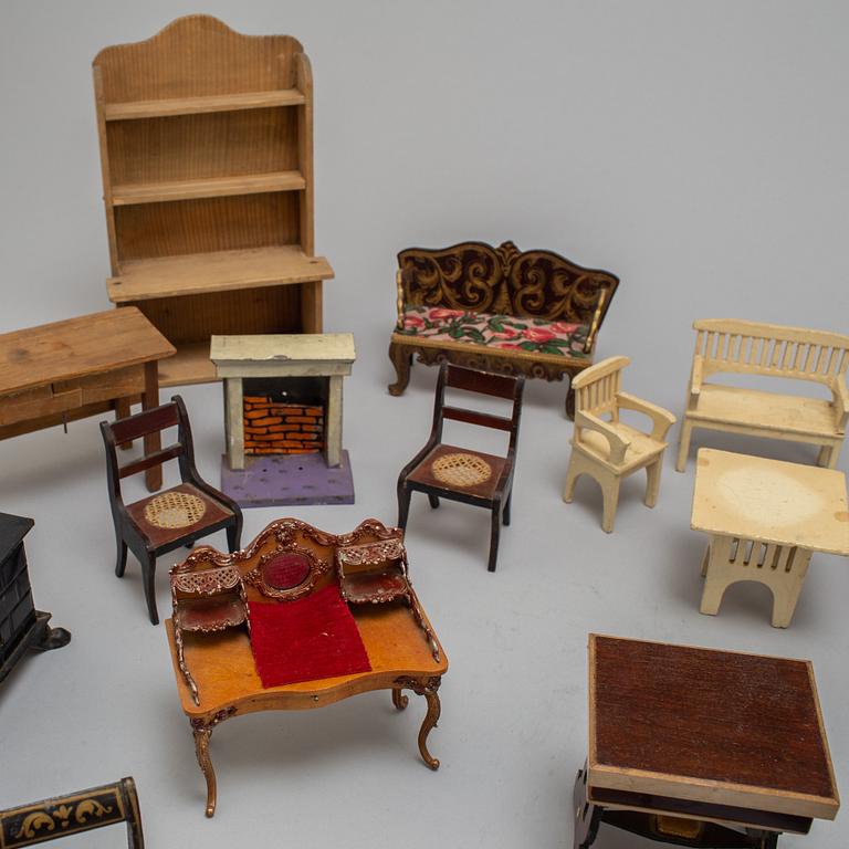 Circa 66 pieces of doll furniture with various accessories, ca 1900 and early 20th century.