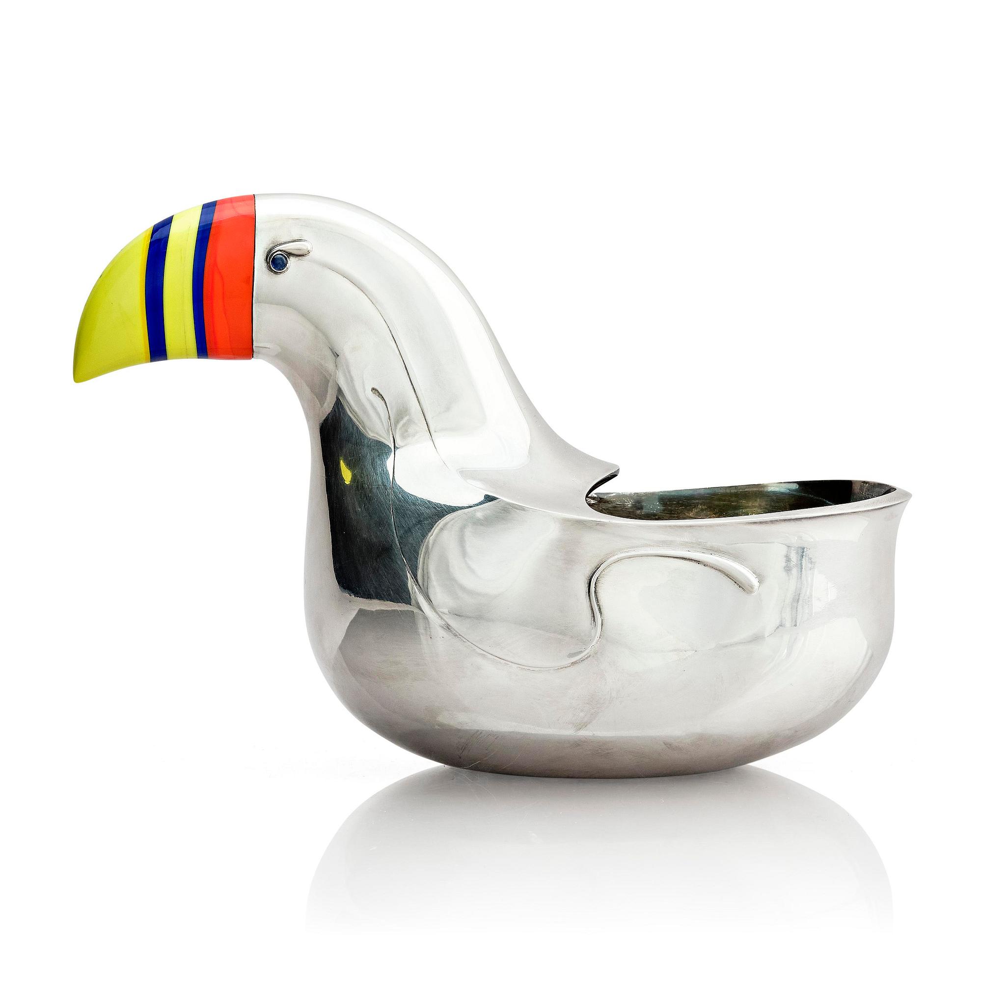 Gunnar Cyrén, "Stornäbb" (large beak), a unique sterling silver bowl with sapphires and glass, Gävle, Sweden 1977.