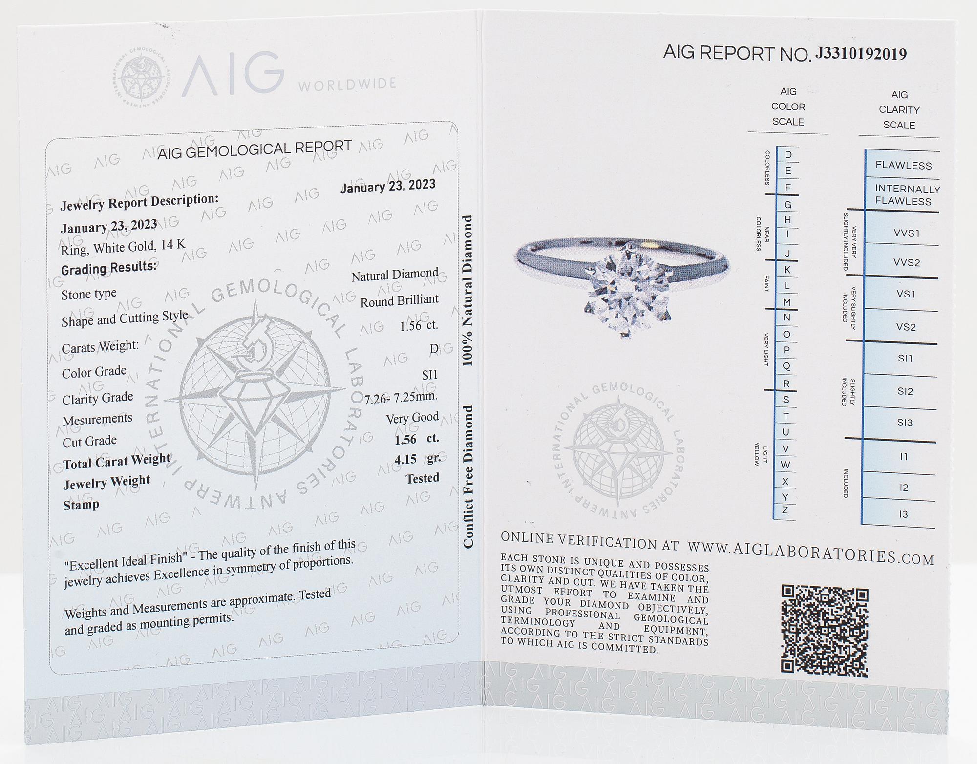 Ring, 14K vitguld och diamant ca 1.56 ct. AIG-certifikat.