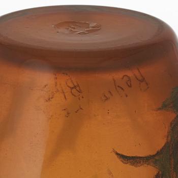 A Betzy Ählström amber coloured glass vase with enamel painted decoration of thistle flowers, Reijmyre 1901-02.